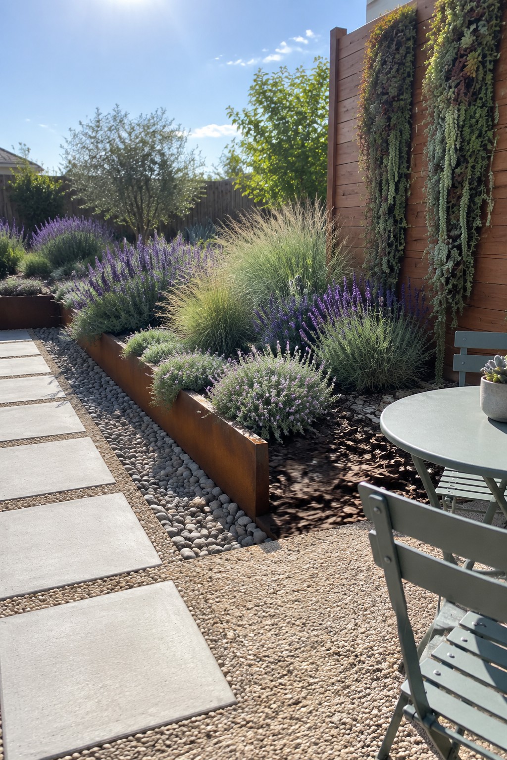 A long rusted metal raised garden bed filled with layered purple flowers and grasses runs beside a gravel path with concrete pavers, next to a wooden fence with hanging plants.