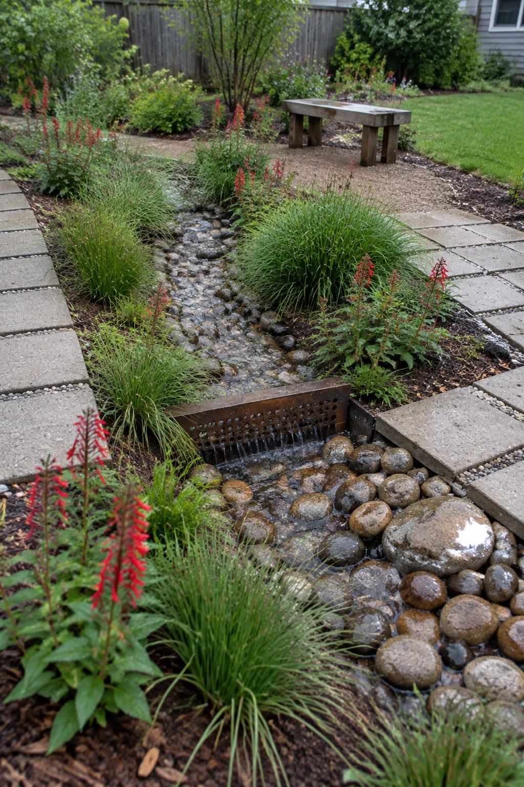 Water flows from metal spout over rocks amid red flowers and greenery.