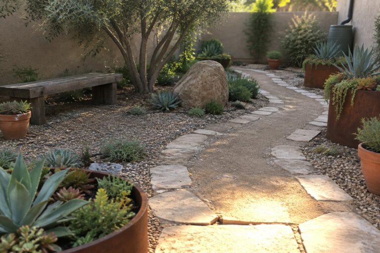 18 Bold Backyard Landscaping Ideas Designed to Reduce Lawn Stone path winds through gravel garden with rusted pots, succulents, bench, and rock.