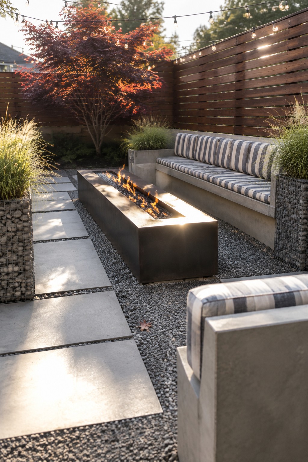 A modern backyard with a long rectangular fire pit set in gravel, concrete pavers leading to it, built-in concrete seating with striped cushions, and tall grasses in gabion planters.