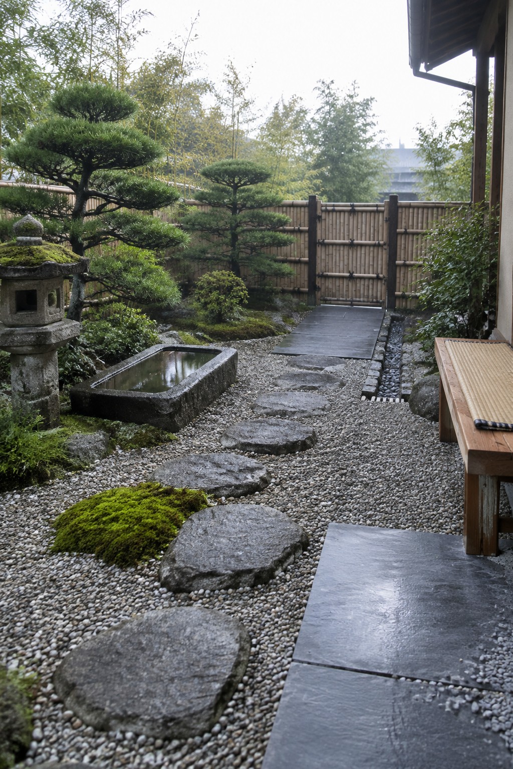 A Japanese-style garden featuring gravel ground cover, large irregular stepping stones, a stone lantern, a rectangular stone water basin, and a bamboo fence in the background.