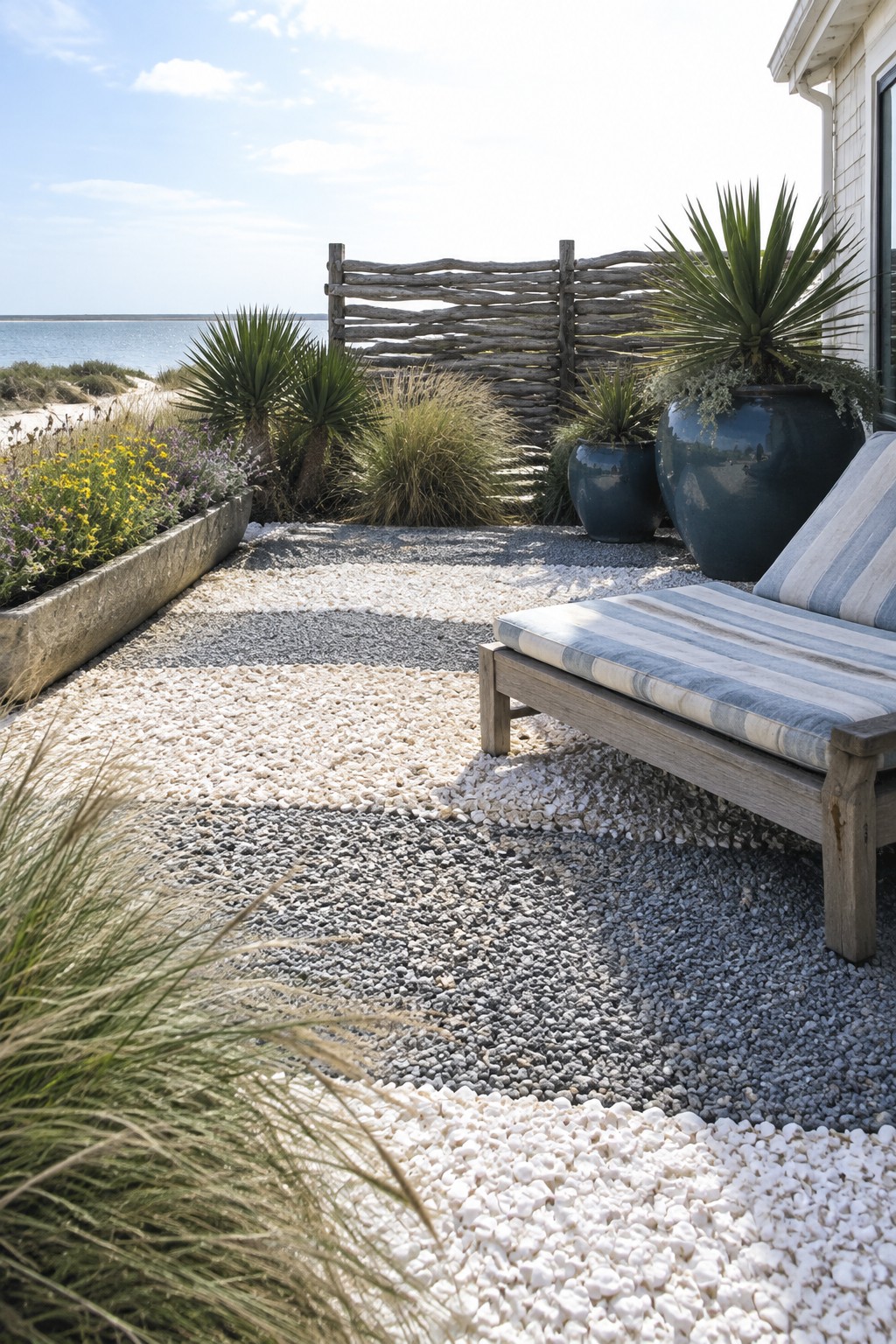 A backyard landscape with alternating sections of white pebbles and gray gravel, bordered by potted plants, ornamental grasses, and a wooden lounge chair near the water.