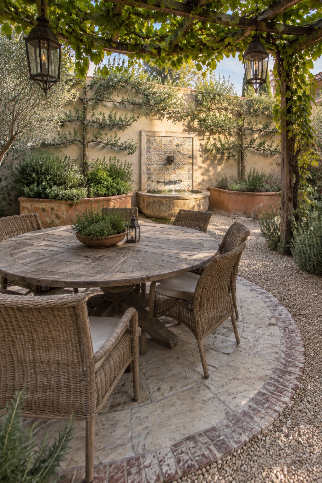 A round wooden dining table with wicker chairs on a circular stone paver patio bordered by gravel, with a tiled fountain and terracotta planters visible behind it under a vine-covered pergola.