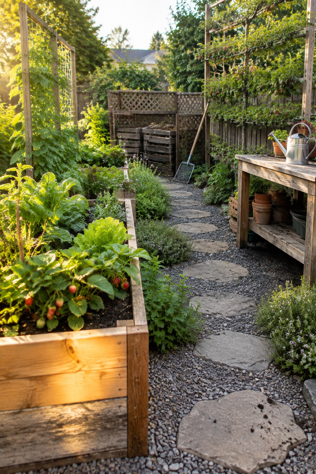 A backyard garden featuring wooden raised beds planted with lettuce, strawberries, and herbs, alongside a gravel path with irregular stepping stones and a wooden potting bench.