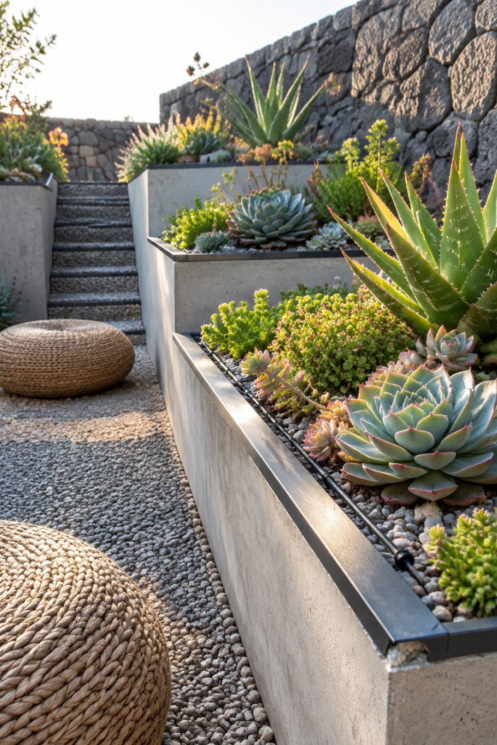 Concrete raised planters filled with succulents and low-growing plants, set on gravel with woven seating nearby.