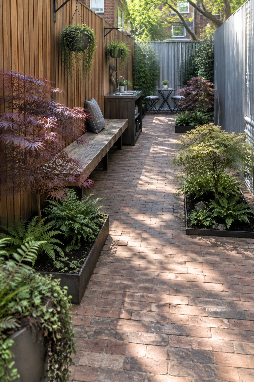 Brick courtyard with wooden bench, metal planters of ferns and trees, outdoor sink