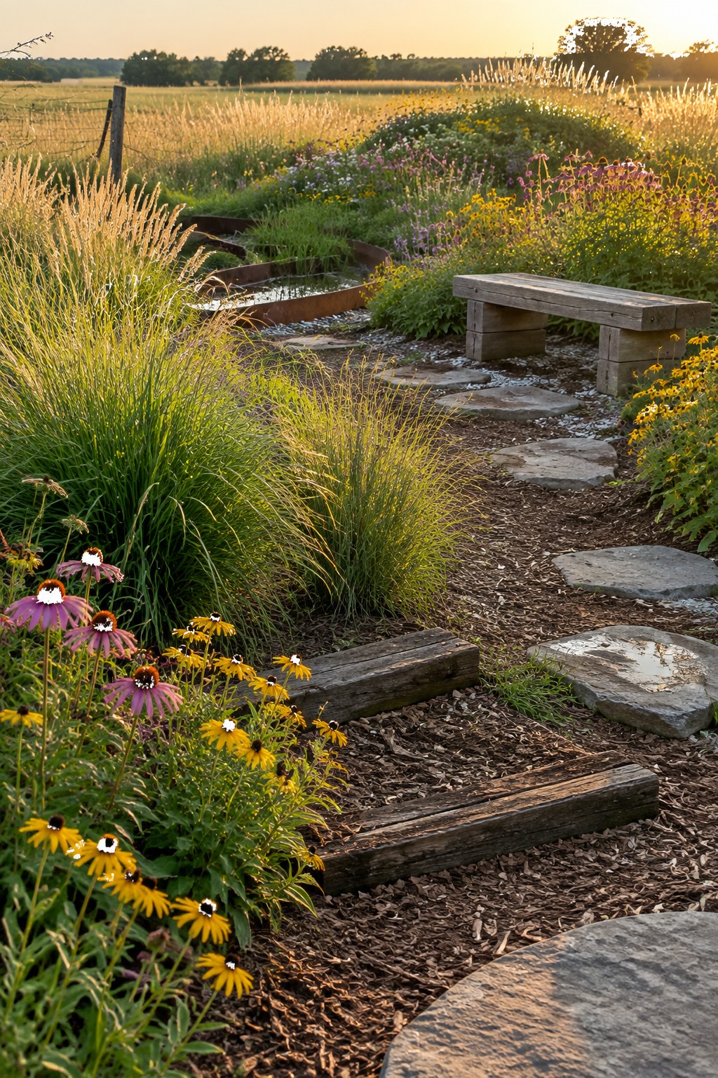 A winding path of large flat stones runs through dense flower beds of yellow and purple blooms and tall grasses beside a wooden bench.