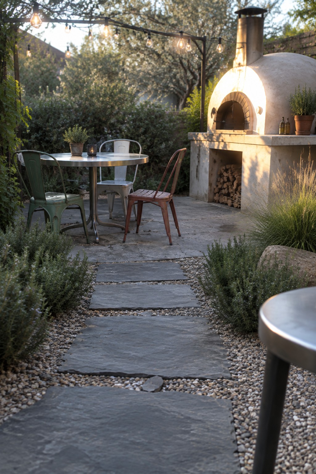 A stone pathway bordered by gravel and low shrubs leads toward a patio area with a metal table, chairs, and a large outdoor pizza oven.