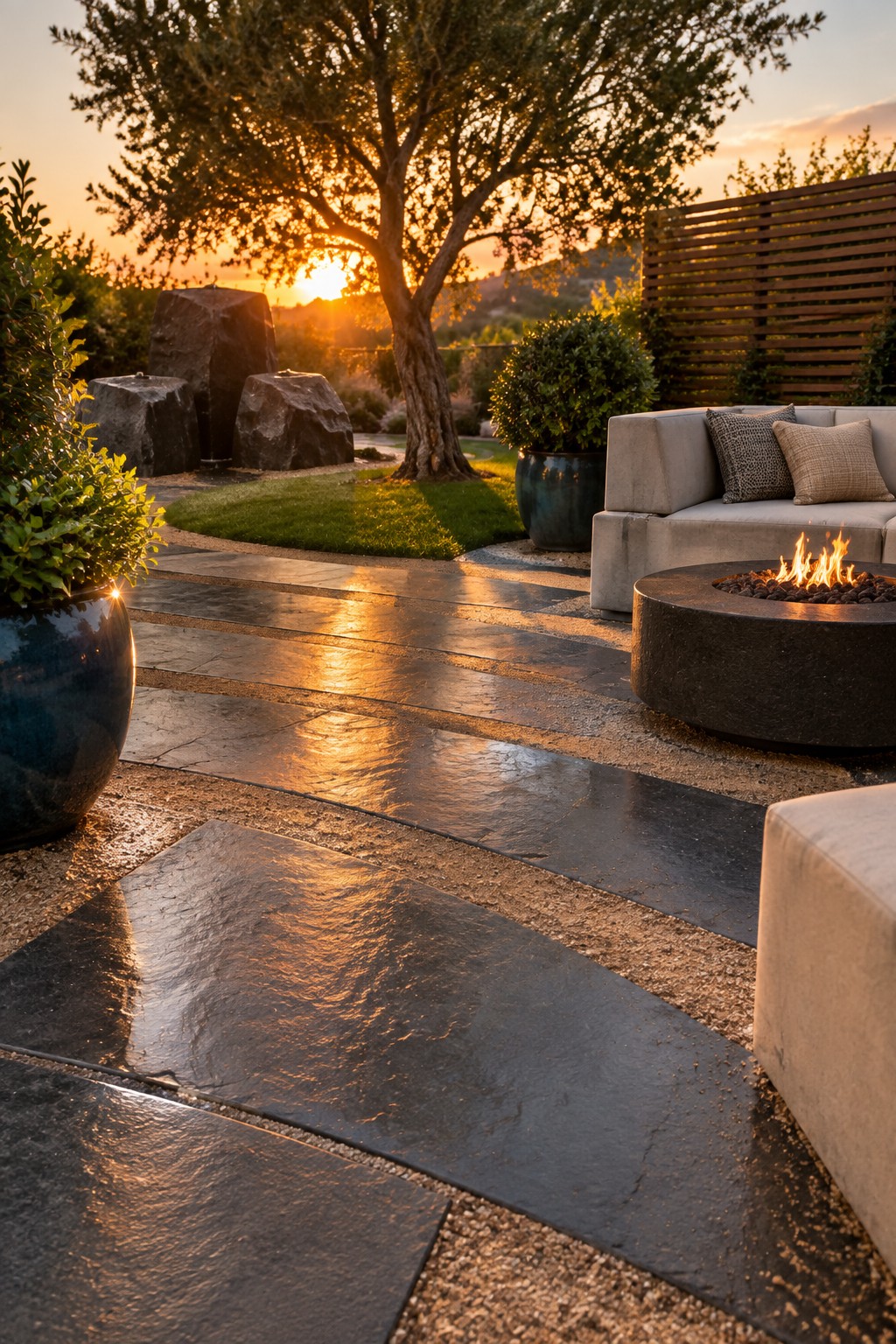 Sunset-lit stone patio with fire pit, sofa, and potted plants