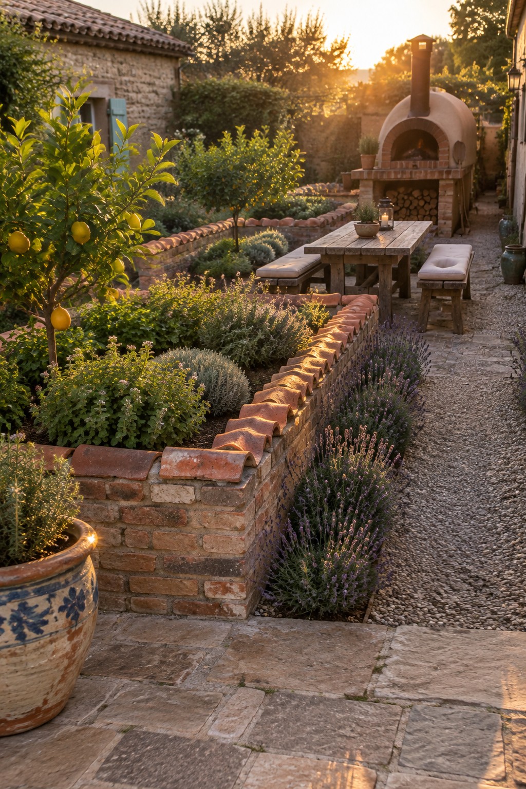 A backyard garden with low brick raised beds topped with terracotta tiles, containing lavender and other plants, next to a gravel path and wooden outdoor table.