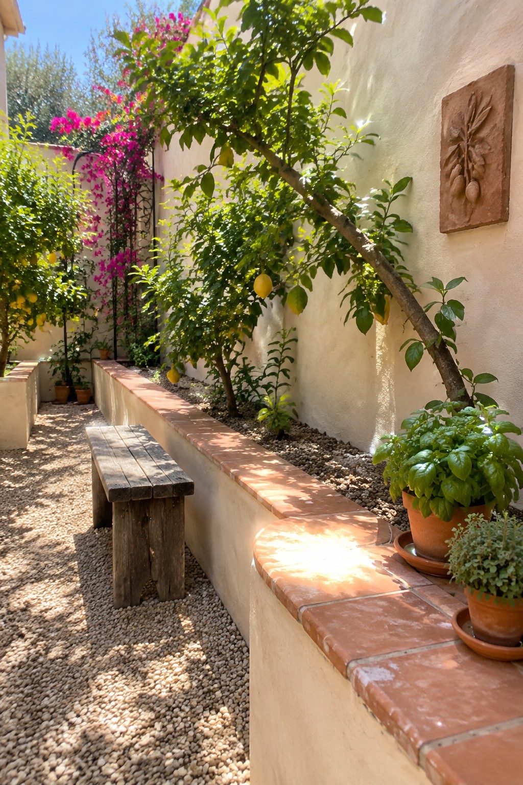 Courtyard garden with lemon tree, pink bougainvillea, wooden bench, and potted herbs.