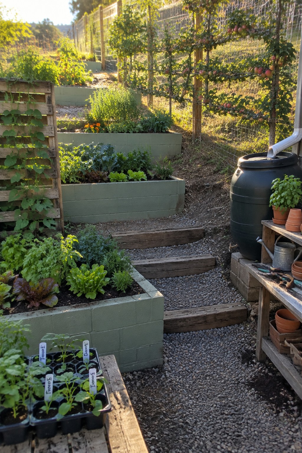 A backyard garden with multiple raised beds made of painted concrete blocks, gravel paths with wooden steps, young vegetable plants, and a black rain barrel beside a potting bench.