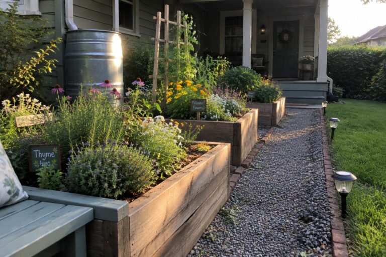 16 Budget Landscaping Ideas Built Around Raised Garden Beds A row of wooden raised garden beds with herbs and flowers lines a gravel path next to a house porch.