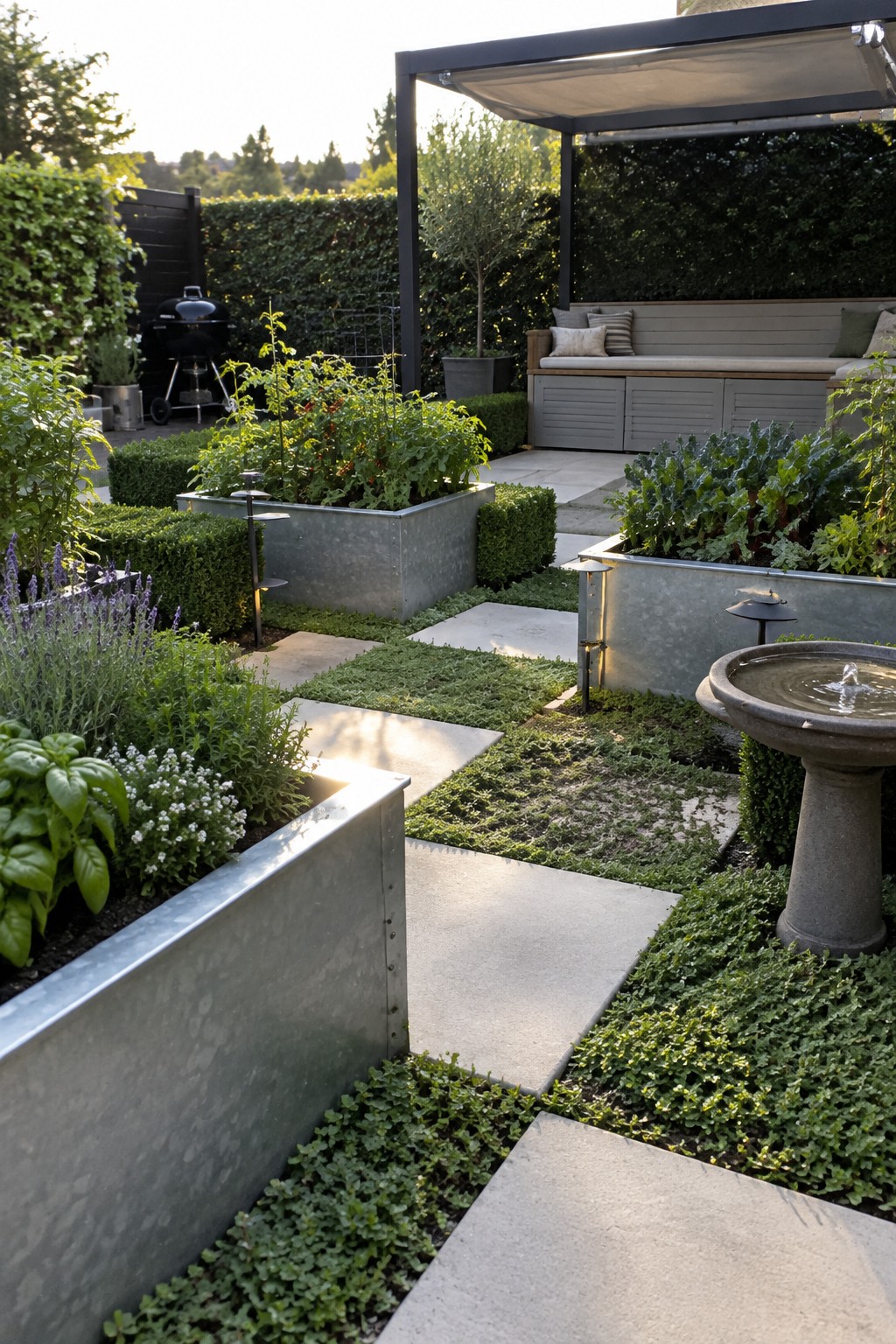 Modern garden with raised metal beds, stone fountain, and paved pathways at dusk.