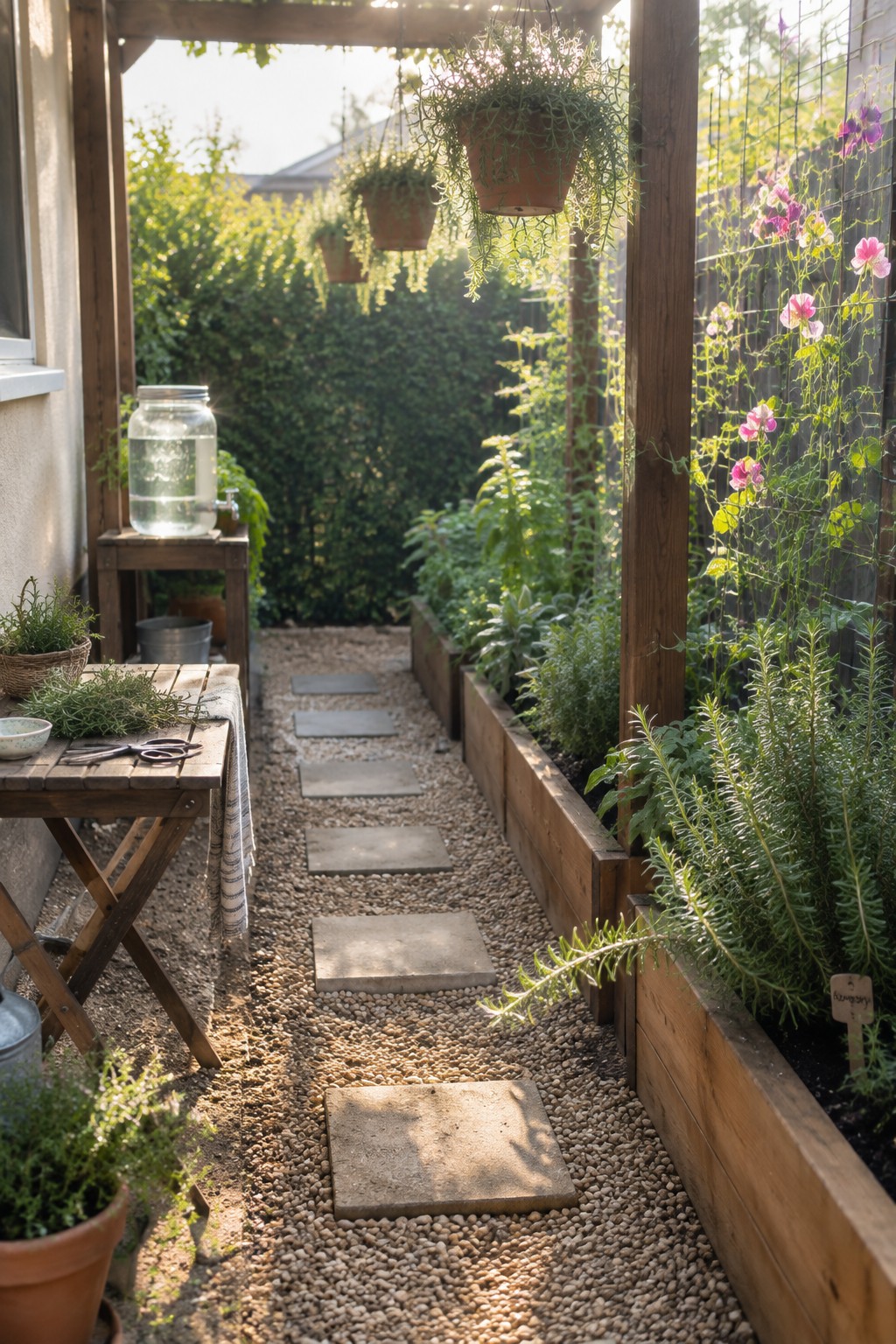 A narrow gravel path with concrete stepping stones runs between wooden raised garden beds planted with herbs and flowers under a wooden pergola.