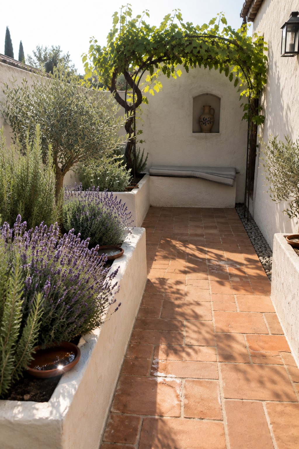 A terracotta brick path runs between white raised garden beds planted with lavender and shrubs, leading toward a bench under a grapevine arbor on a sunny day.