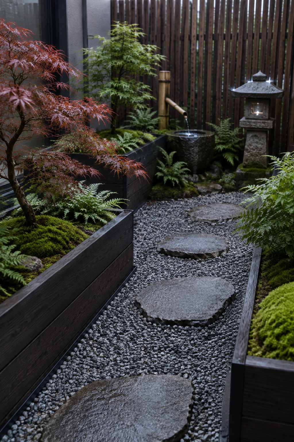 A gravel path with large stepping stones runs between dark wooden raised beds planted with ferns and a red maple, alongside a stone lantern and bamboo water spout.