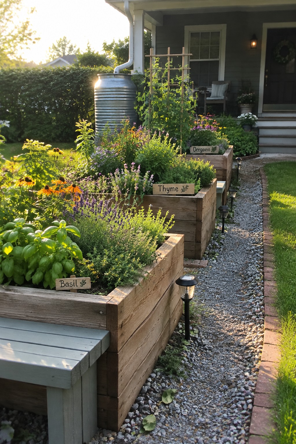 A row of wooden raised garden beds with herbs and flowers lines a gravel path next to a house porch.