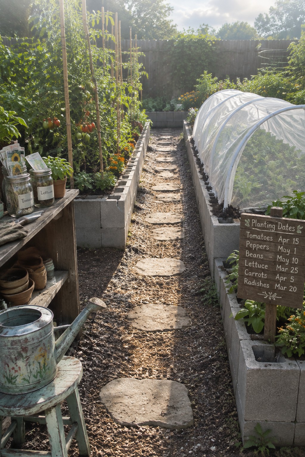 A backyard garden with raised beds made of concrete blocks lining a stone path, a small greenhouse on the right, and gardening supplies on a wooden shelf to the left.