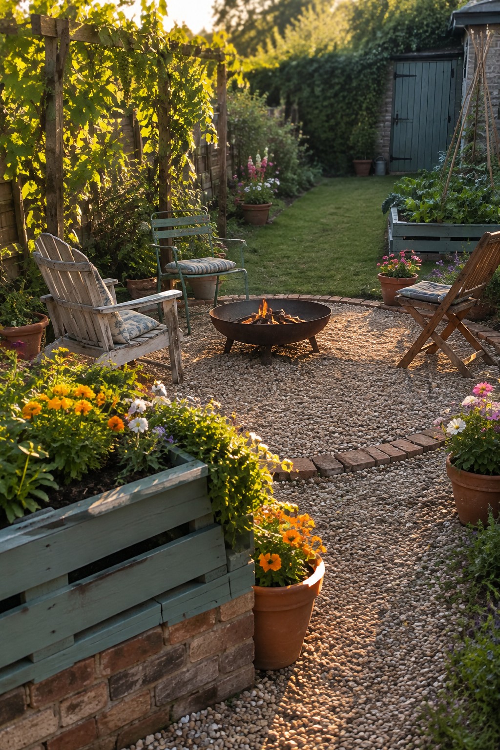 A gravel patio with a central fire pit, surrounded by wooden raised garden beds filled with flowers and several wooden chairs placed around the edge.