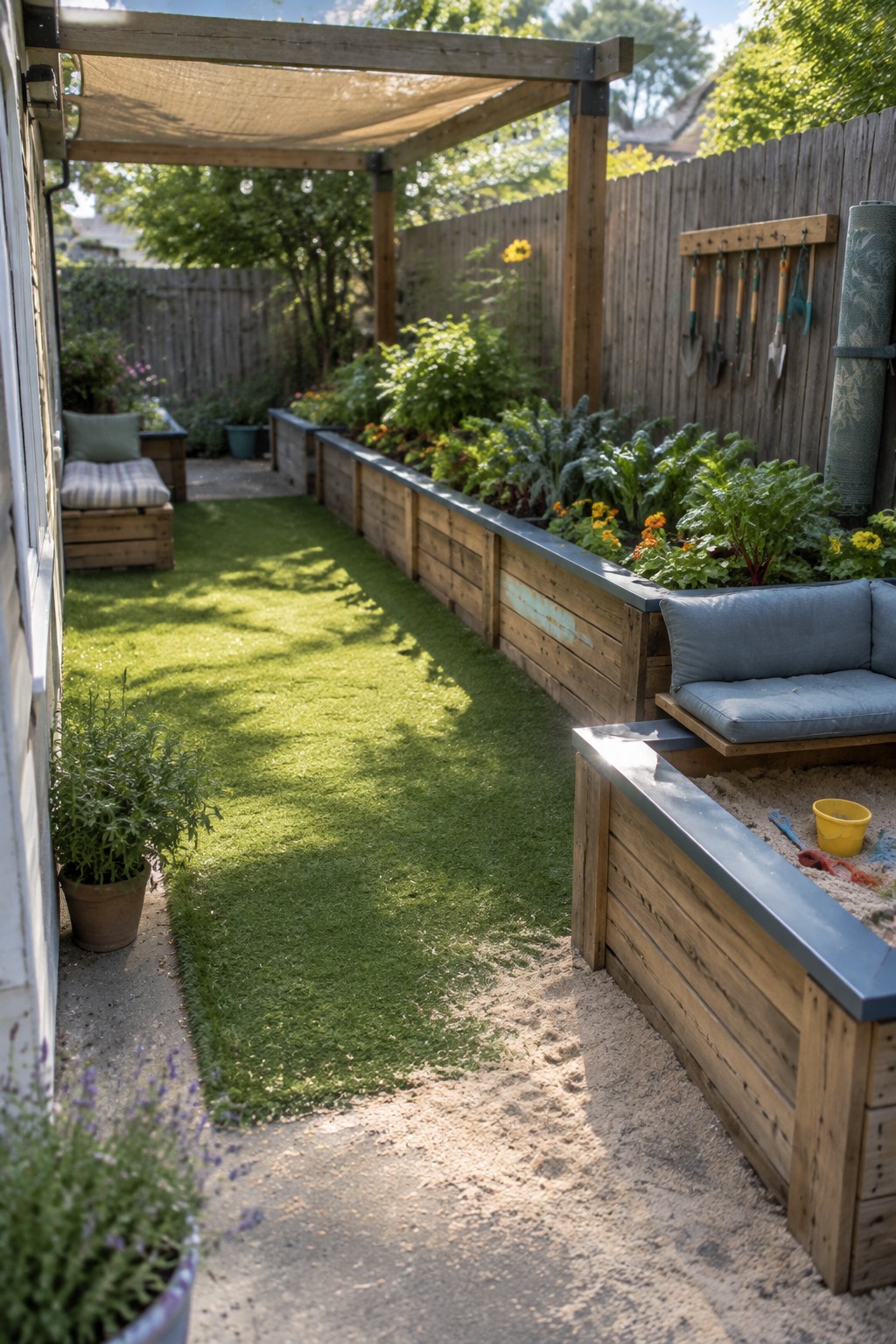 A backyard view showing long wooden raised garden beds with plants, a grassy path, a sand area with cushions on one bed, and garden tools on the fence.