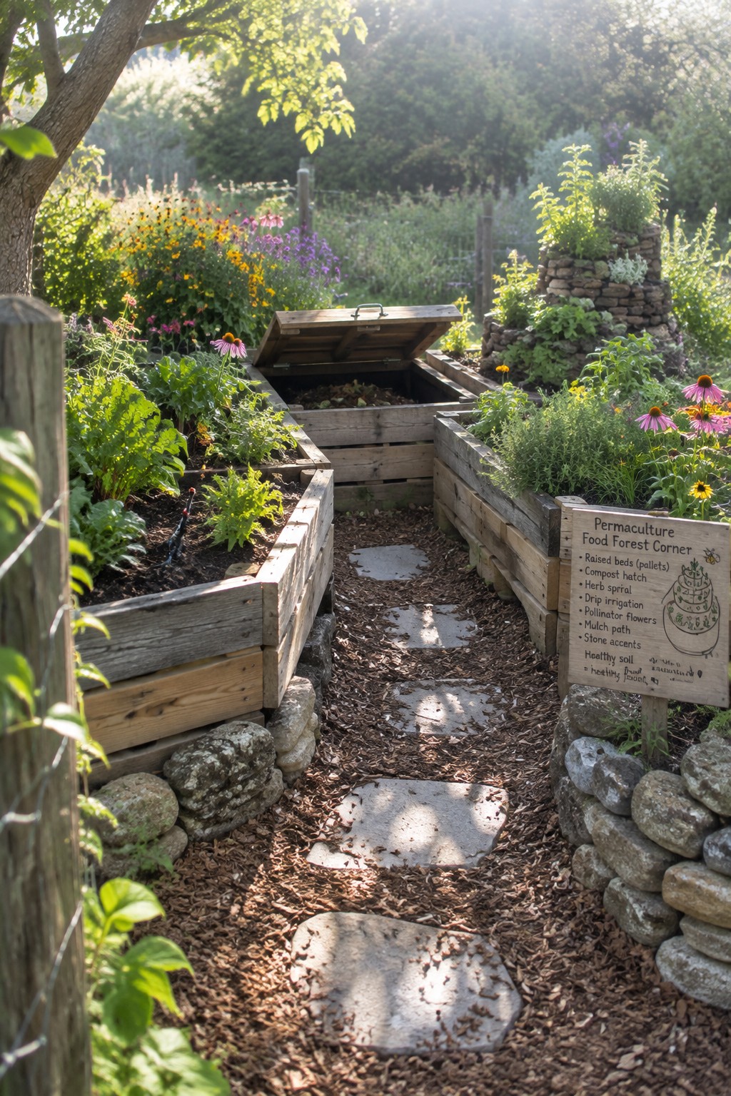 A garden path of stepping stones runs between wooden raised beds, one of which has an open compost section, with flowers, herbs, and stacked stones along the edges.