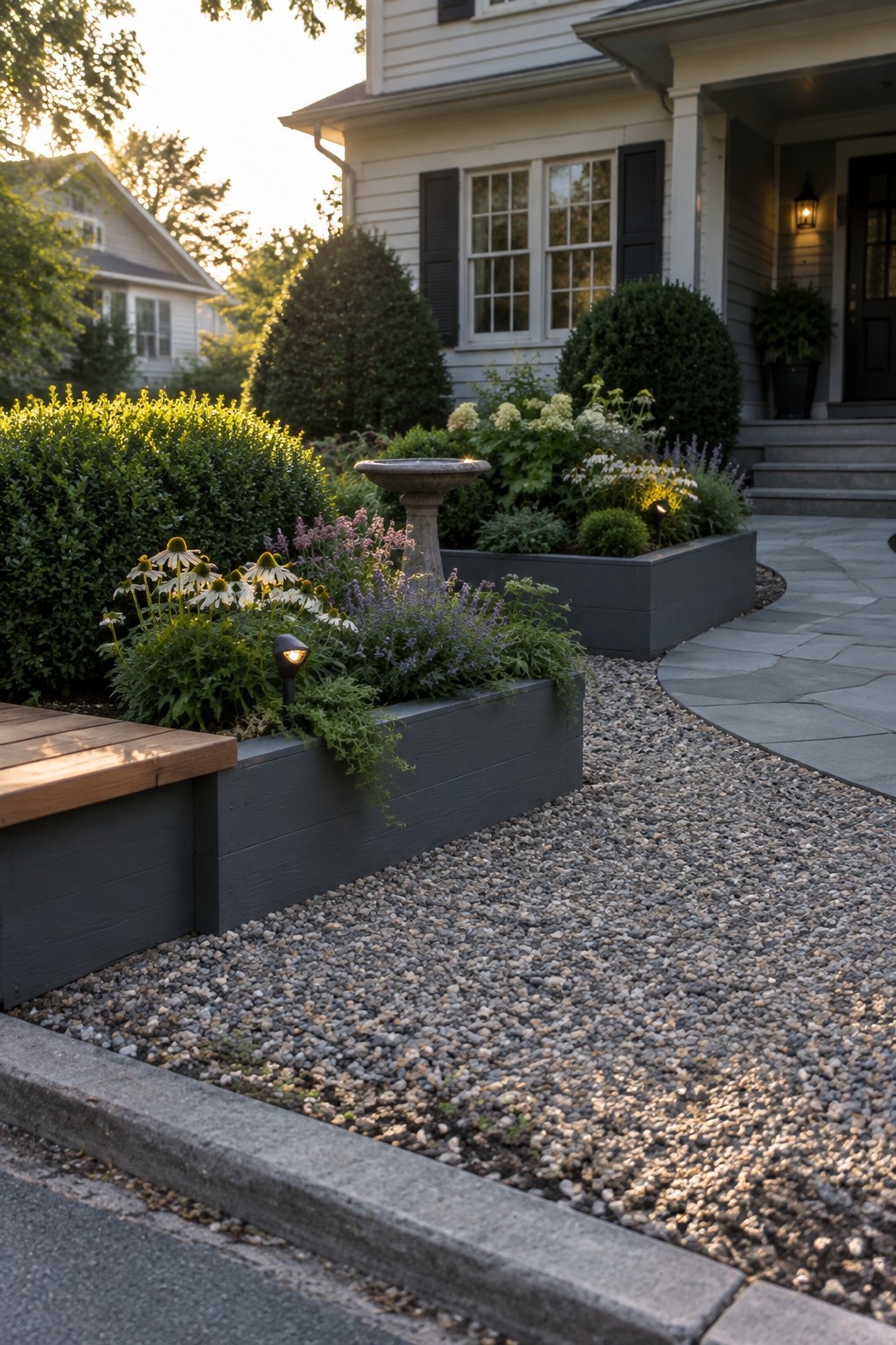 Dark raised garden beds with flowers and shrubs sit beside a gravel path in front of a house with a stone walkway and birdbath.