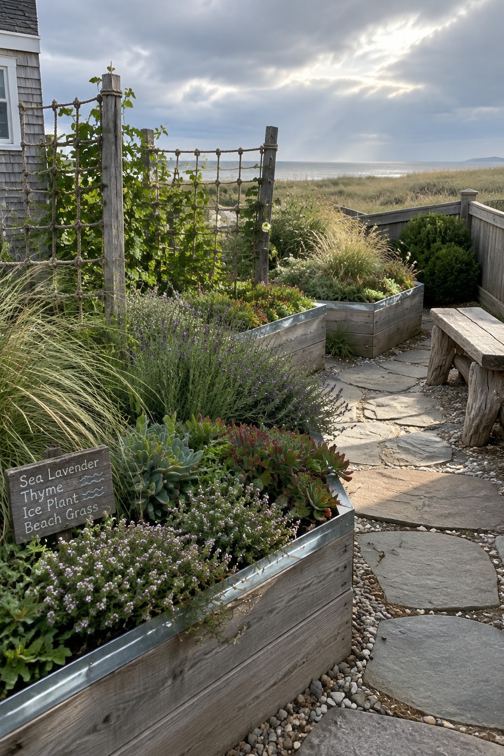 Wooden raised garden beds with metal trim sit beside a stone path, planted with grasses, lavender, and succulents near the coast.