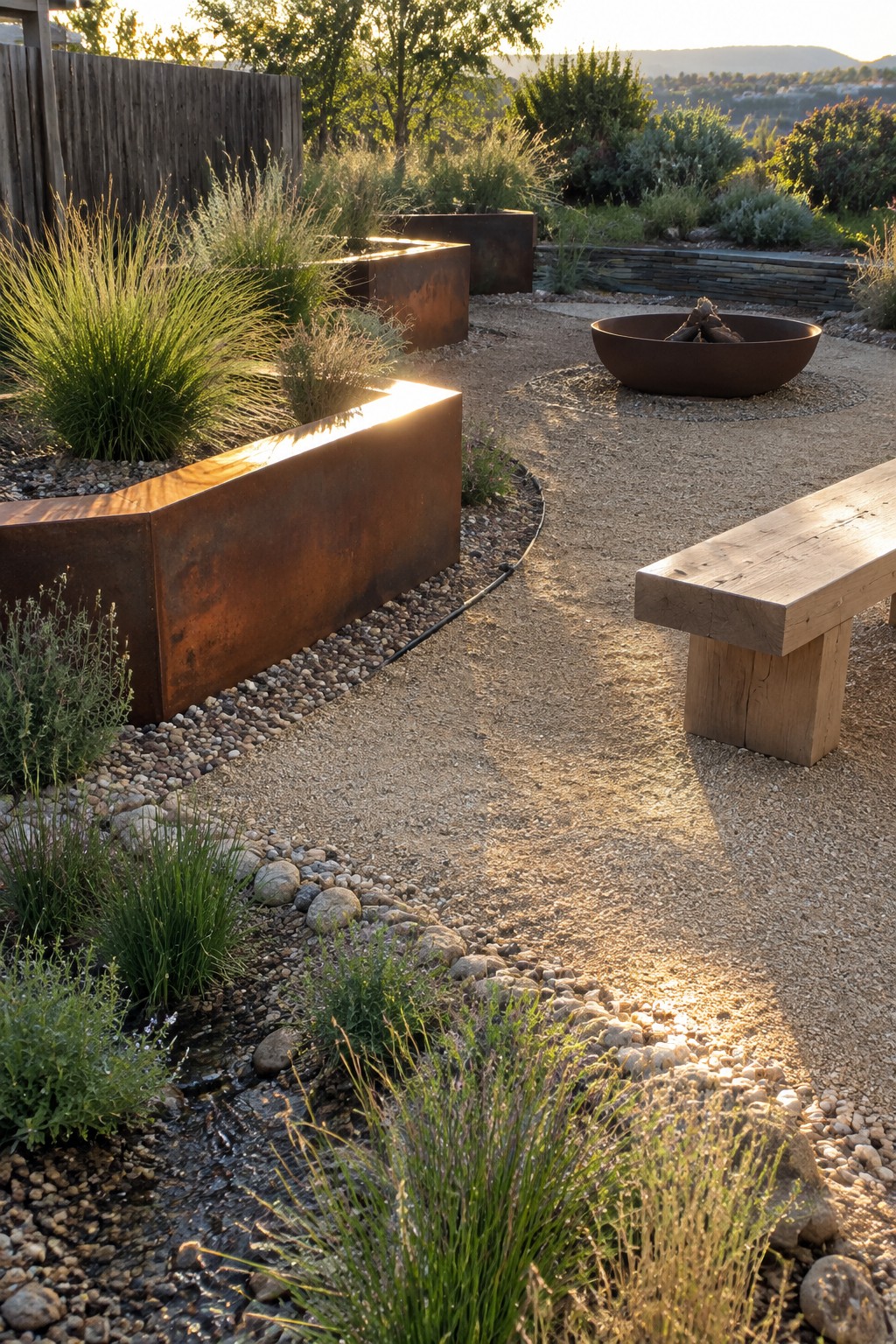 A backyard garden with rectangular rusted metal raised beds containing tall grasses, a gravel path, a round metal fire bowl, and a wooden bench.