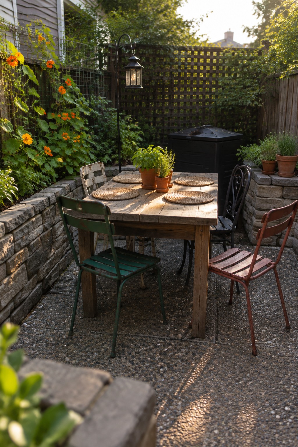 Rustic wooden table with woven placemats and potted plants amid colorful metal chairs in garden