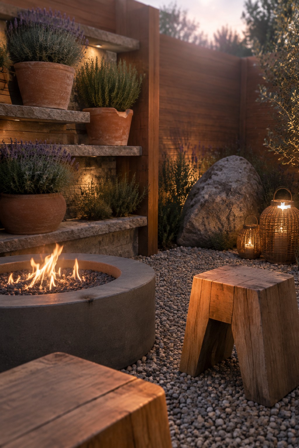 Cozy garden fire pit with wooden stools, glowing lanterns, and potted lavender at dusk.