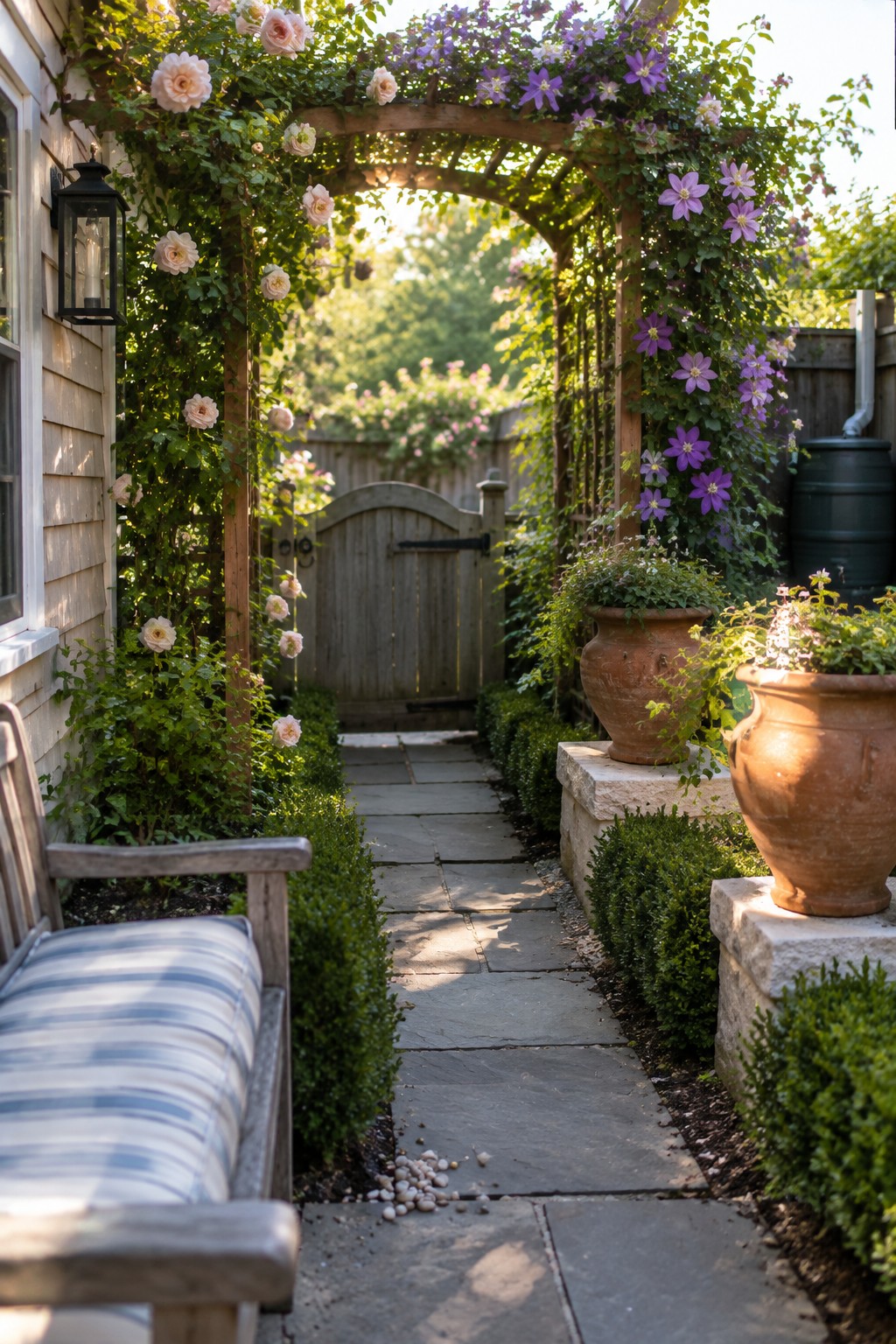 A stone path runs under a wooden arbor covered in pink roses and purple clematis, leading to a wooden gate with potted plants on either side.