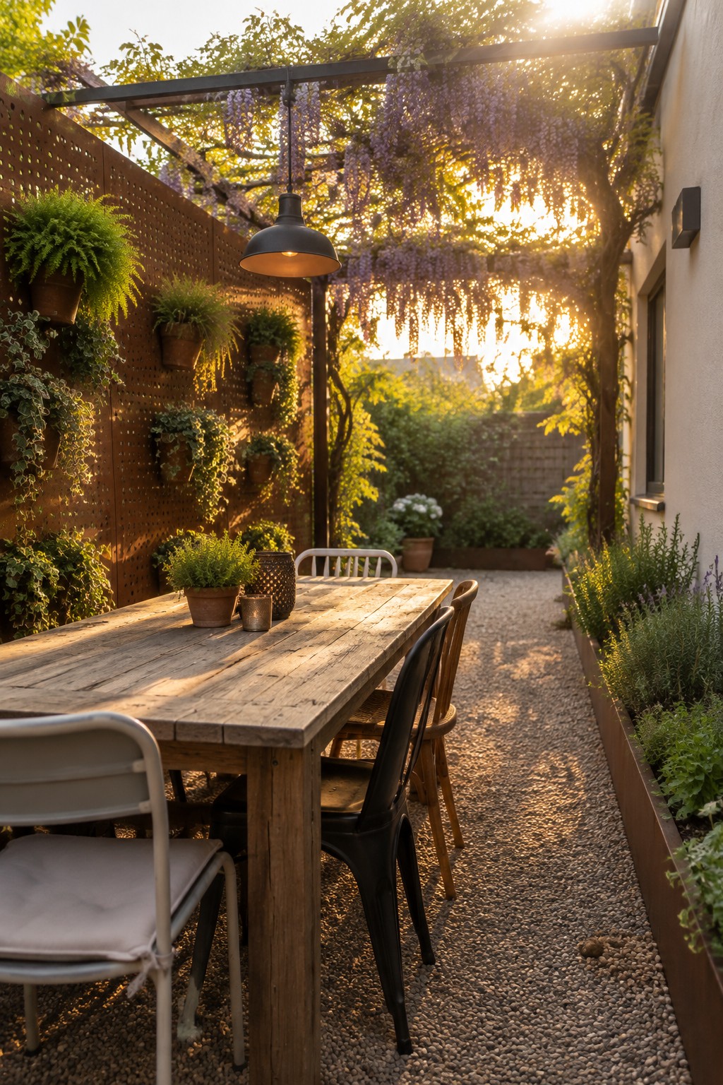 An outdoor gravel patio features a long wooden dining table with mixed chairs next to a vertical wall covered in hanging potted plants and overhead wisteria on a pergola.