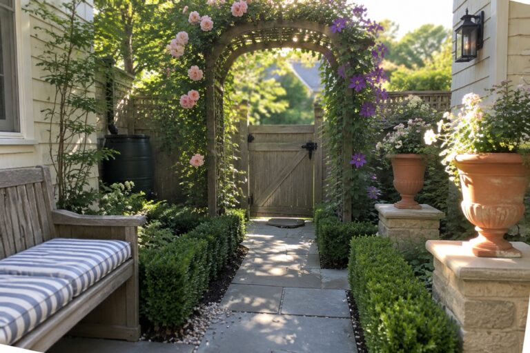 A stone path runs under a wooden arbor covered in pink roses and purple clematis, leading to a wooden gate with potted plants on either side.