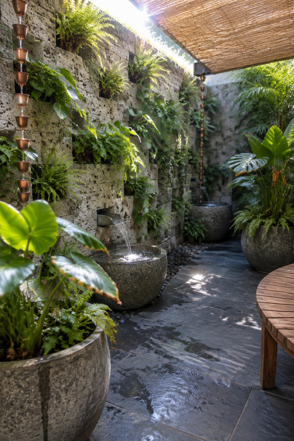 A narrow outdoor path lined with stone walls that have recessed planting pockets filled with ferns and leafy plants, plus large stone pots and a water feature.