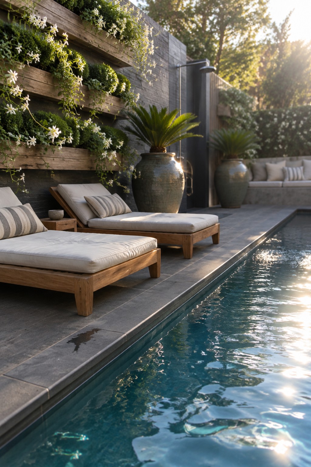 A poolside deck with wooden lounge chairs beside a vertical garden wall made of wooden planters holding green plants and white flowers, plus large ceramic pots in the background.