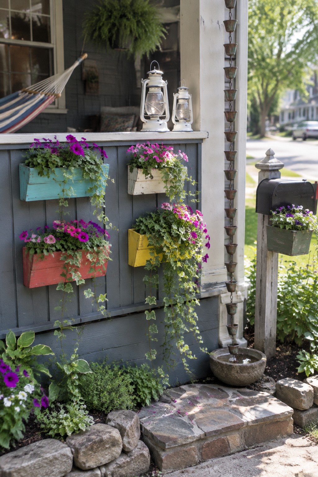 Gray house siding with multiple wooden planters holding pink and purple flowers plus trailing vines, next to a rain chain and stone basin.
