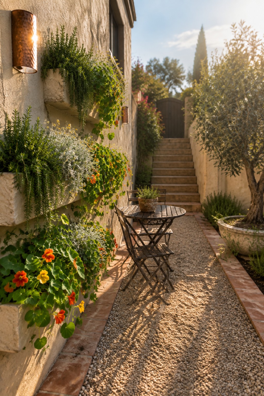 Stone wall with vibrant flowers beside bistro table on sunlit gravel path