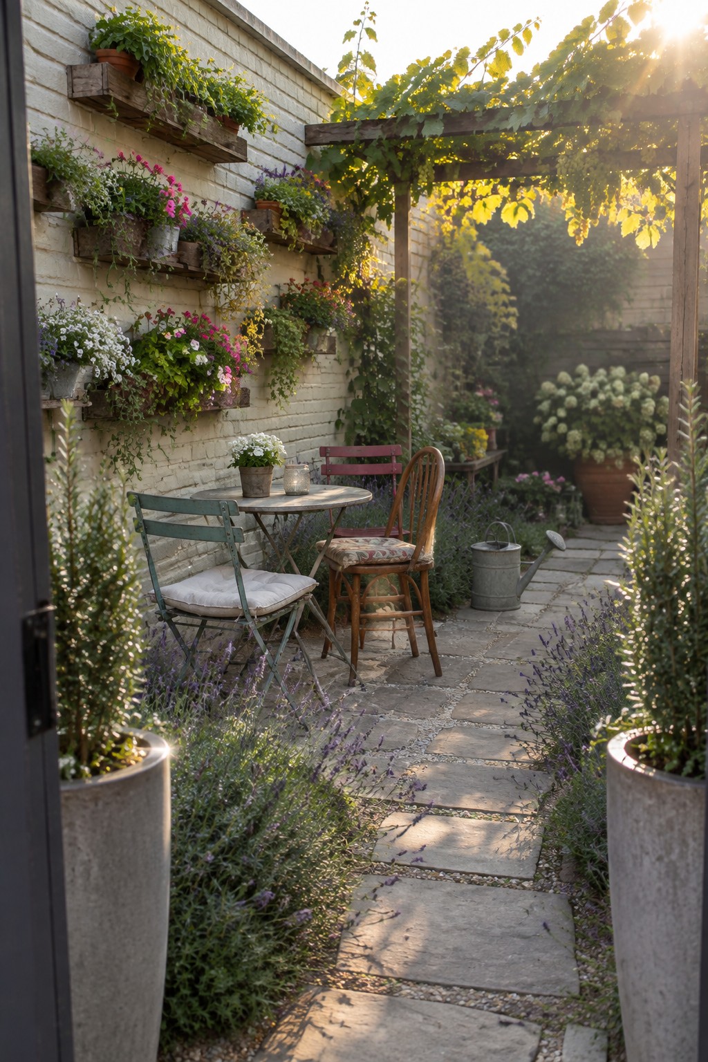 A stone garden path runs beside a white brick wall fitted with multiple wooden shelves holding rows of potted flowers and herbs, with a vine-covered pergola and seating area visible ahead.