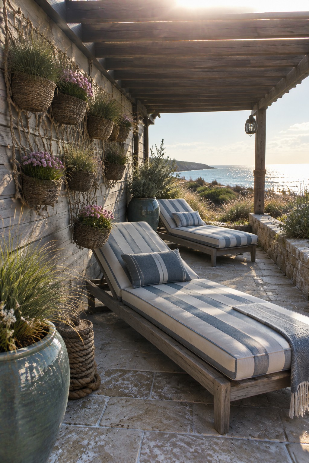 Blue and white striped lounge chairs on coastal patio with hanging plants and sea view