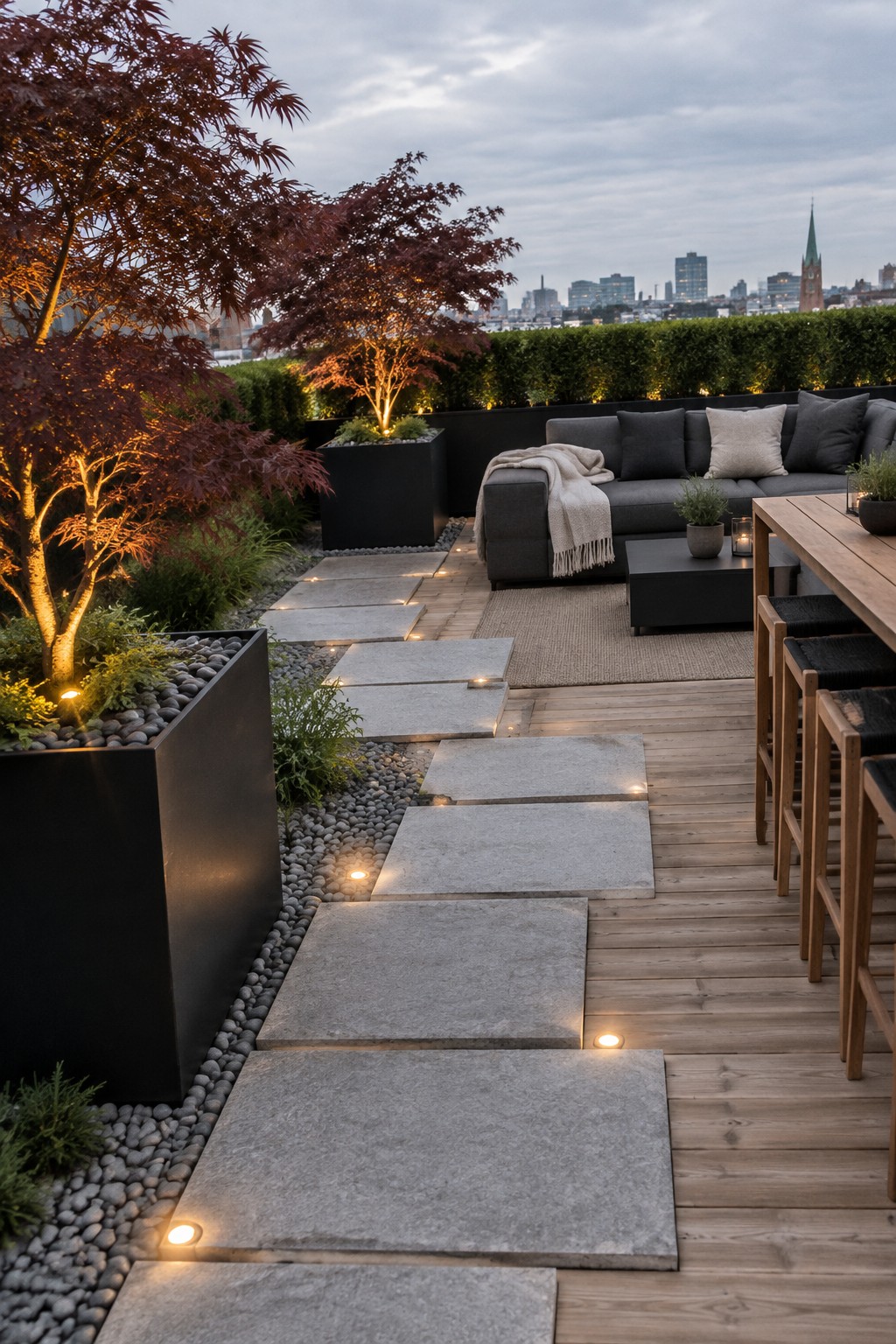 Rooftop terrace showing a wooden deck area with a stone path lined by small ground lights, a dark sectional sofa, a wooden dining table with stools, and large planters with trees and shrubs.