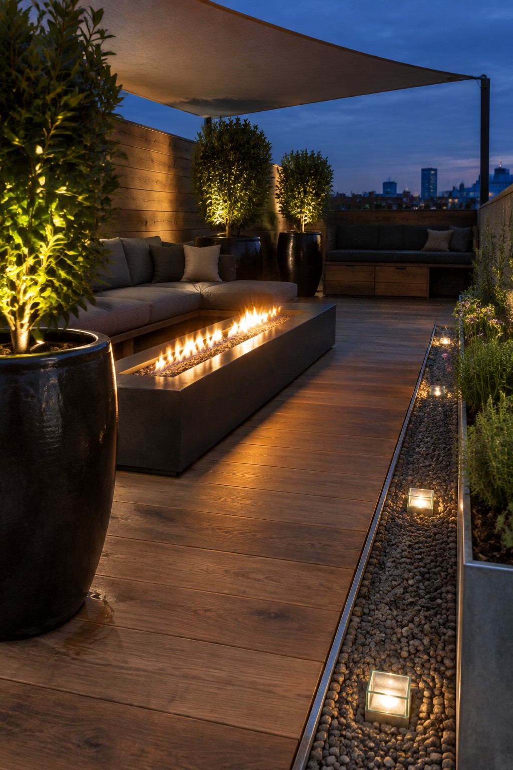 Rooftop terrace at dusk with wooden decking, a long rectangular fire pit, potted trees, and low-voltage lights set into a gravel strip beside the seating area.