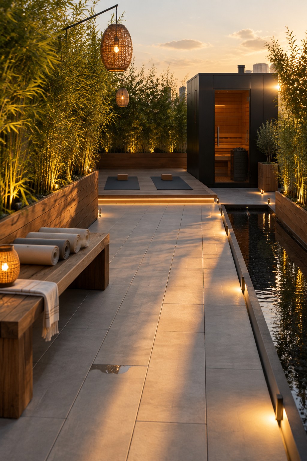 A rooftop terrace at dusk with a paved walkway lined by low accent lights, a narrow water channel on the right, a wooden bench with rolled mats on the left, and a black sauna structure in the background.