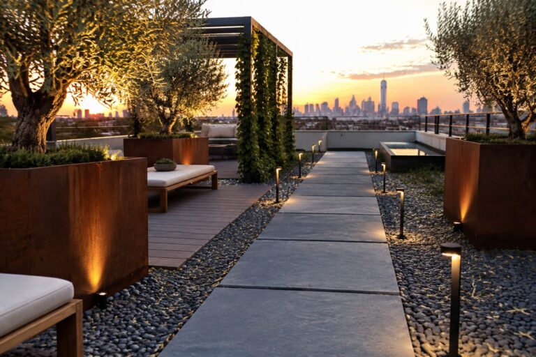 20 Cozy Roof Garden Lighting Ideas Using Low-Voltage Path and Accent Lights Rooftop terrace at dusk with a concrete path lined by low-voltage lights, wooden lounge chairs in raised planters, and a city skyline in the background.