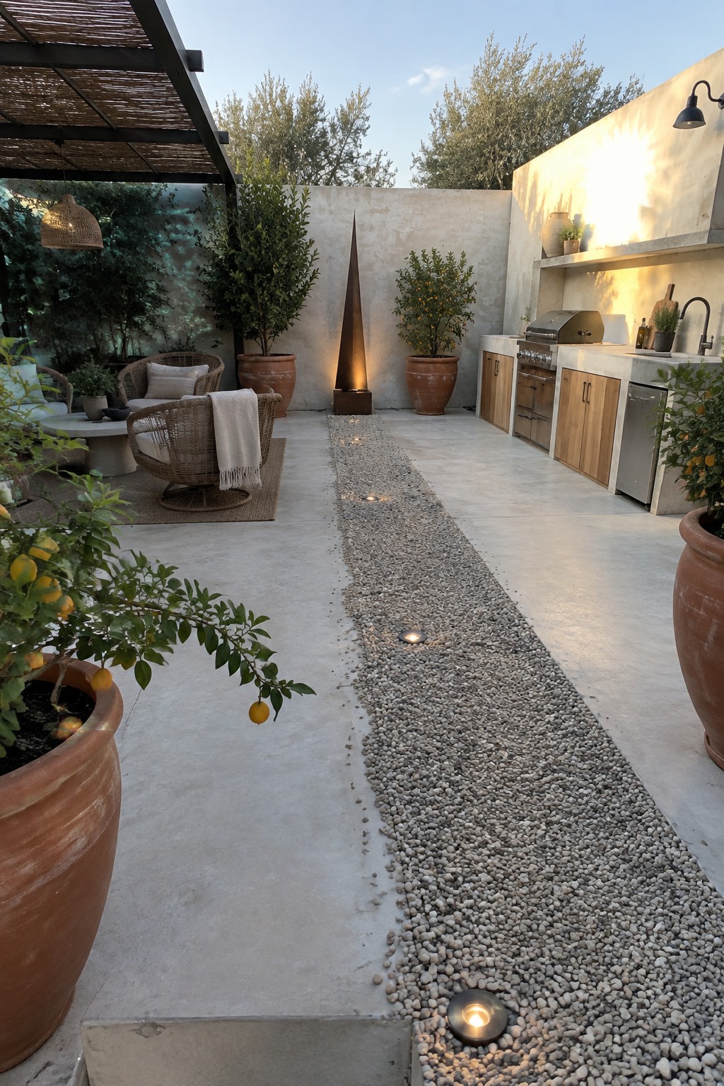Modern patio with gravel path, terracotta pots, outdoor kitchen, and wicker seating