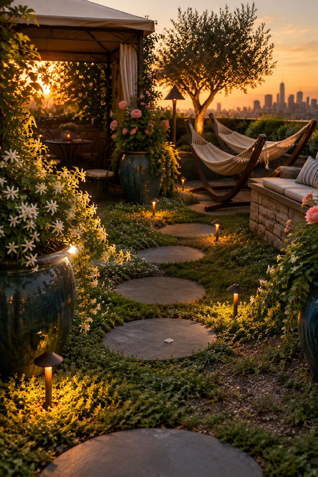 A rooftop garden path made of round stepping stones lined with small low-voltage lights at dusk, with potted plants on either side.