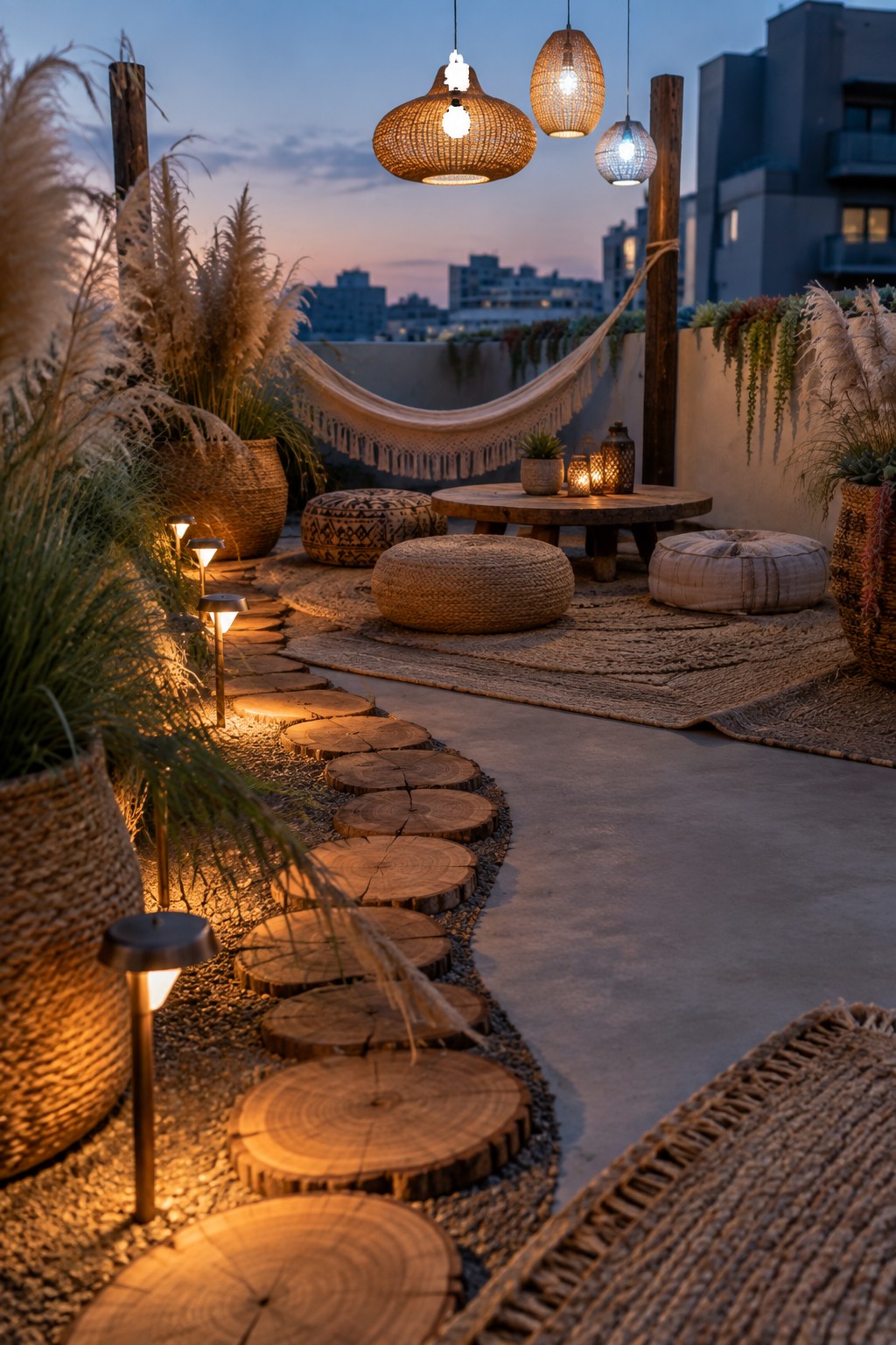A rooftop garden at dusk with a curving path of wooden stepping stones lined by small low-voltage lights leading toward cushions, a round table, and hanging woven lanterns.