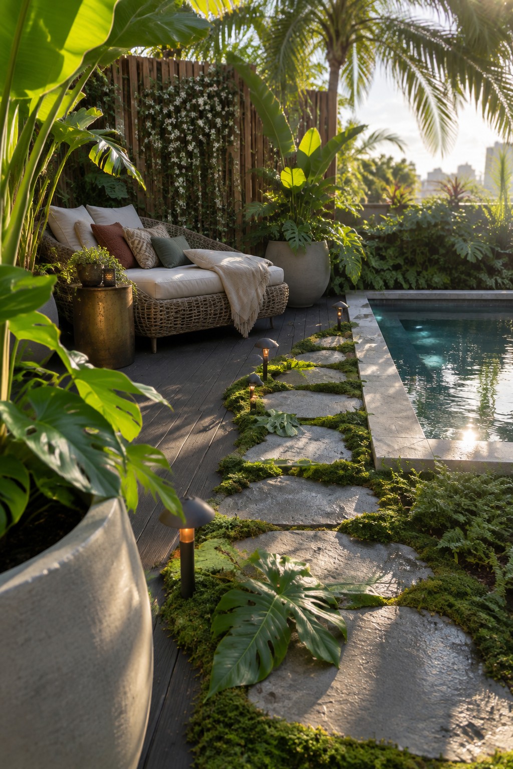 Tropical wooden deck with mossy stone path, pool, lanterns, and wicker lounge amid plants