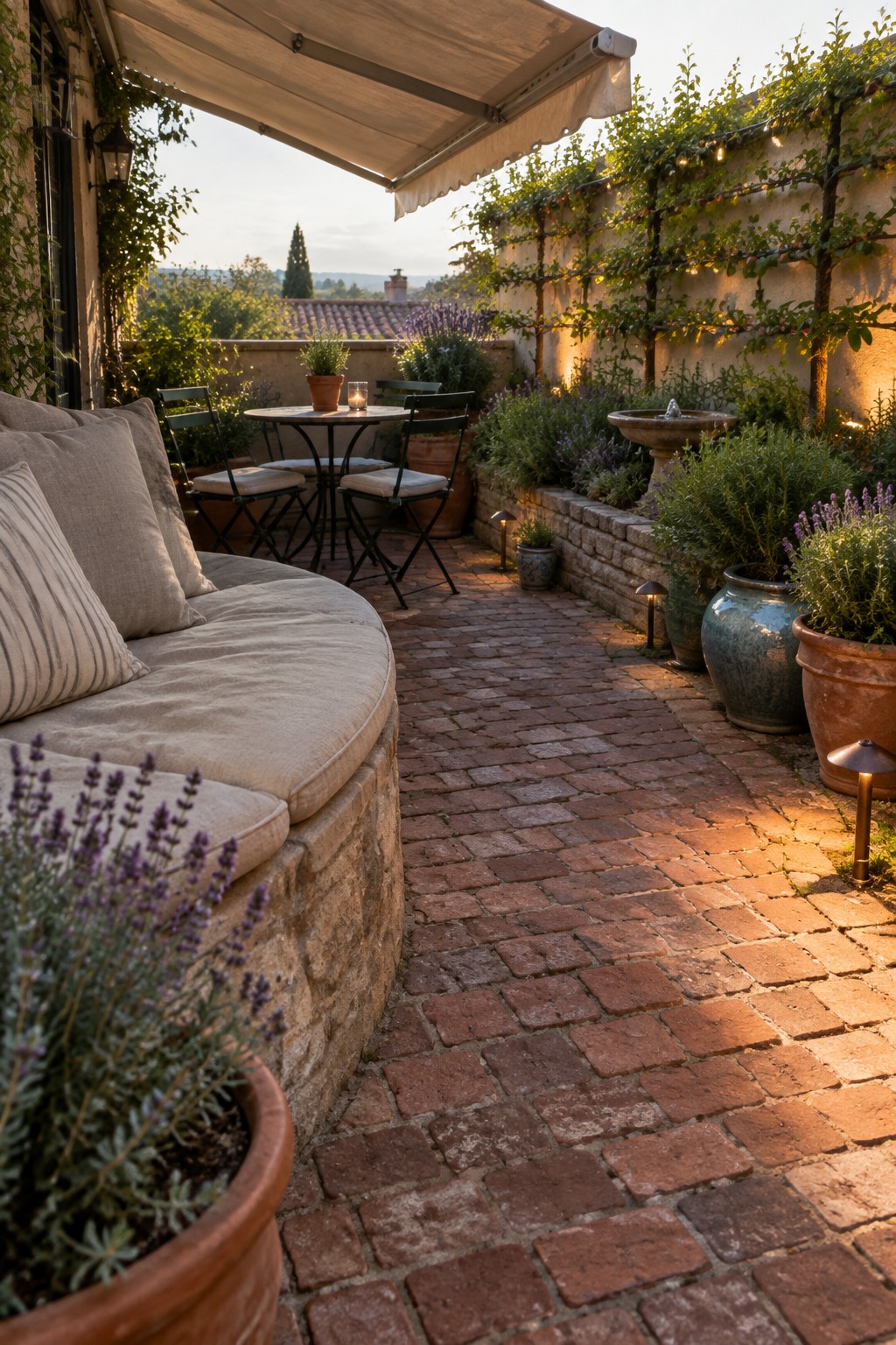 A brick-paved rooftop patio with a curved built-in bench, round table and chairs, potted lavender and shrubs, a small fountain, and low-voltage path lights along the walkway at dusk.