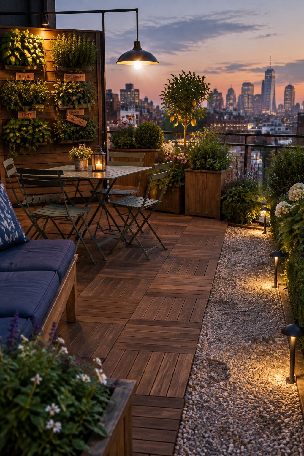 Rooftop deck with wooden table, chairs, herb garden wall, and city skyline at dusk